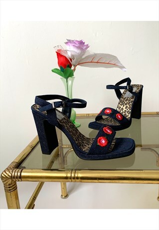 UNWORN VINTAGE 90S DENIM FLORAL PLATFORM SQUARE LEOPARD SHOE
