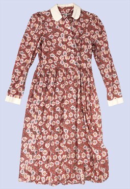 Vintage Pink Multi Cotton Casual Midi Button Tea Dress