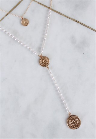 GOLD LAYERED FAUX PEARL ROSARY COIN Y CHAIN PENDANT NECKLACE