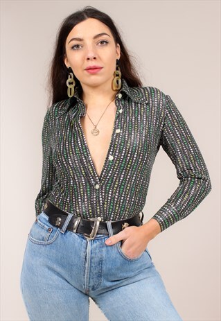 VINTAGE 70S GREEN STRIPE PRINT LUREX BLOUSE