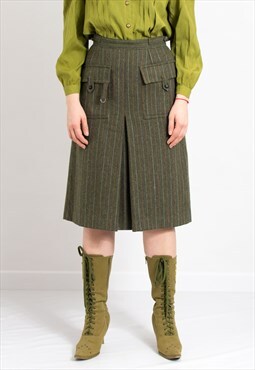 Vintage military wool skirt in khaki green striped