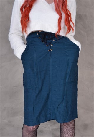 VINTAGE LACE-UP PENCIL SKIRT IN BLUE