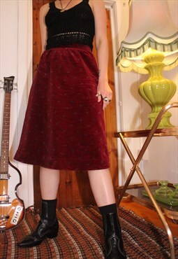 Vintage 80s Burgundy Cotton Velvet Knee Length Skirt