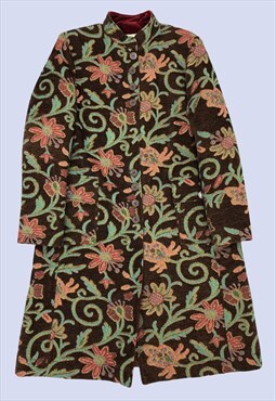 Brown Tapestry Floral Mandarin Collar Button Mid Length Coat