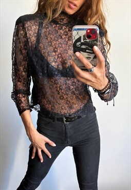 90s Sexy Sheer Black Lace Long Sleeve Blouse M