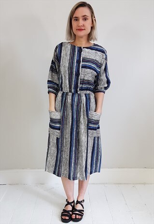 VINTAGE 80'S BLUE AND BURGUNDY STRIPED BUTTON DRESS