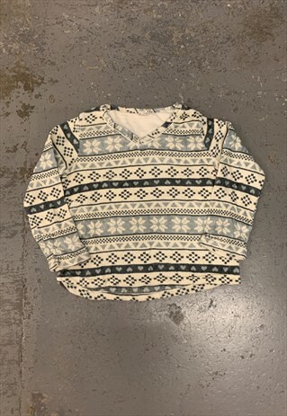 Vintage Abstract Heart Patterned Fleece Pullover Sweatshirt