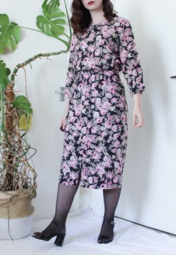 Vintage 90s black and pink roses pattern midi tea dress