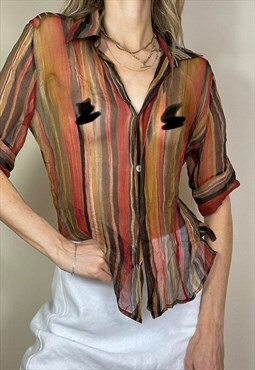 Vintage Y2K Sheer Mesh Shirt Stripe Summer Festival