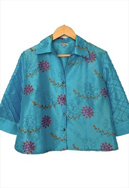 vintage sky blue chinese style blouse with flowers M