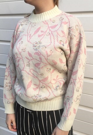 WOMENS VINTAGE 80S JUMPER CREAM PINK FLORAL PATTERNED KNIT