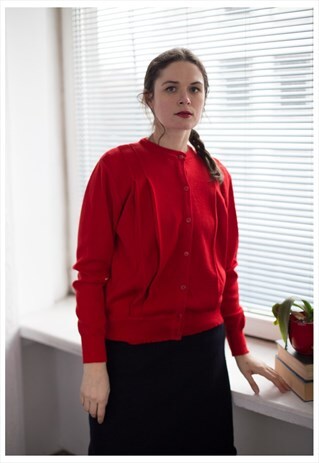 VINTAGE 70'S RED WOOL PLEATED CARDIGAN