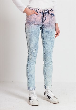 VINTAGE BLUE PINK SKINNY FIT ACID WASHED DENIM JEANS