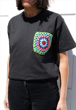 Black Handmade Crochet Pocket T-Shirt 70s Granny Square