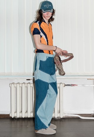 90's Vintage skater geometric patch jeans in light/dark blue