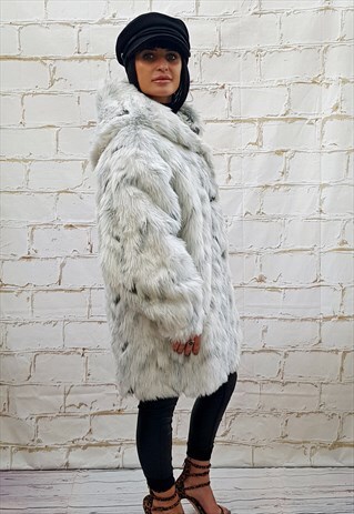 VINTAGE GREY AND WHITE FAUX FUR HOODED COAT