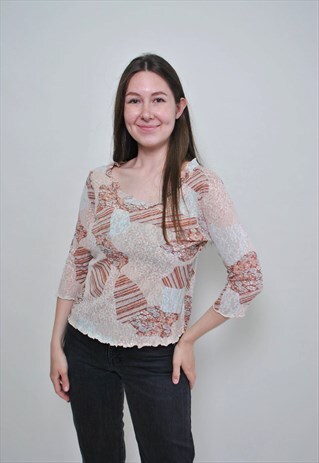 Y2K RUFFLE BLOUSE, 00S FLOWERS PRINT PULLOVER TOP - MEDIUM