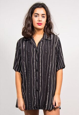 90'S BLACK CRAZY STRIPE PATTERN SHIRT BLOUSE