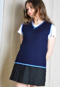 Y2K Navy Blue Knit Minimalist V-Neck Preppy Petite Vest