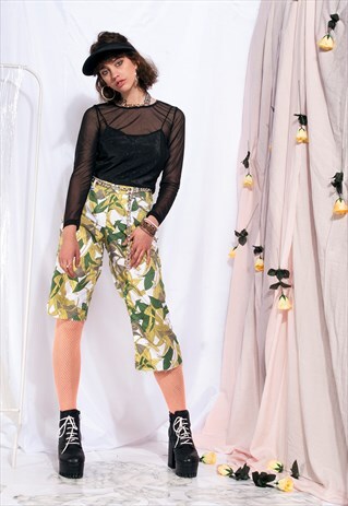 VINTAGE CROPPED TROUSERS 90S FLORAL ASYMMETRIC PANTS