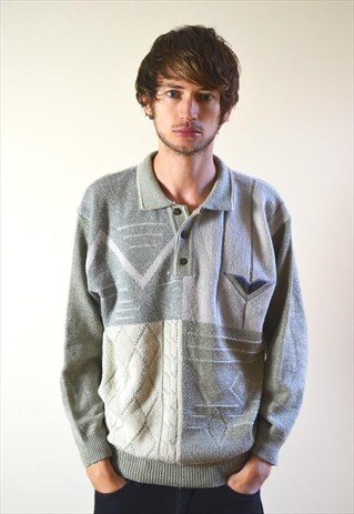 80S VINTAGE GREY BUTTON COLLAR KNIT JUMPER