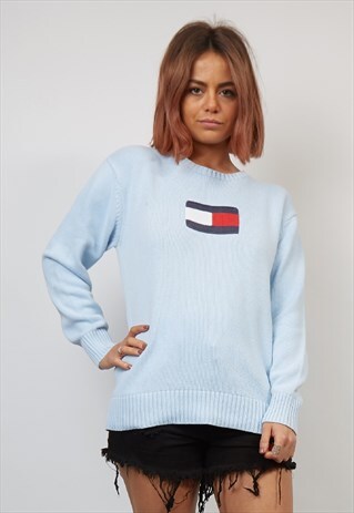 VINTAGE 90'S TOMMY HILFIGER LOGO PALE BLUE JUMPER