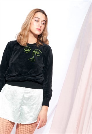 REWORKED WEIRD FACE TOP 80S VINTAGE VELVET CROP JUMPER