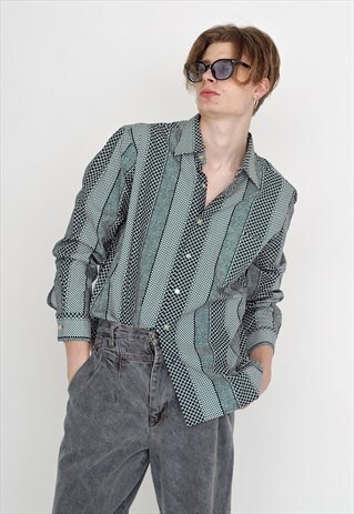 VINTAGE BLACK STRIPED DOT LONG SLEEVE CLASSIC RETRO SHIRT