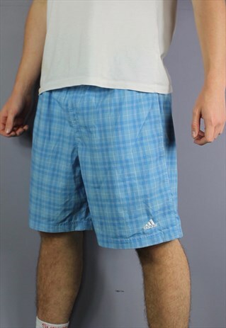 VINTAGE ADIDAS PLAID SHORTS IN BLUE WITH POCKETS, EMBROIDERE