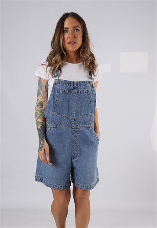 VINTAGE DENIM DUNGAREE SHORTS GAP UK 14 LARGE (HDAL)