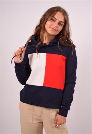 VINTAGE TOMMY HILFIGER HOODIE JUMPER NAVY BLUE
