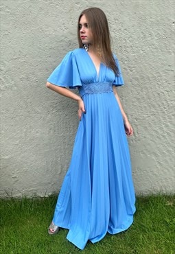 70's Vintage Fluted Short Sleeve Pleated Blue Maxi Dress