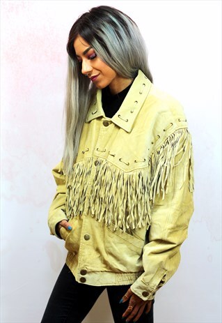 1980S VINTAGE CREAM REAL SUEDE FRINGE BOMBER JACKET