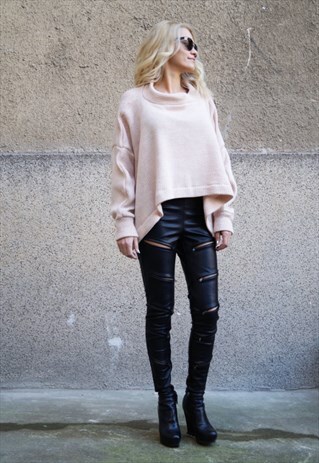 PINK SWEATER KNITWEAR MAXI BLOUSE LOOSE PULLOVER F1660