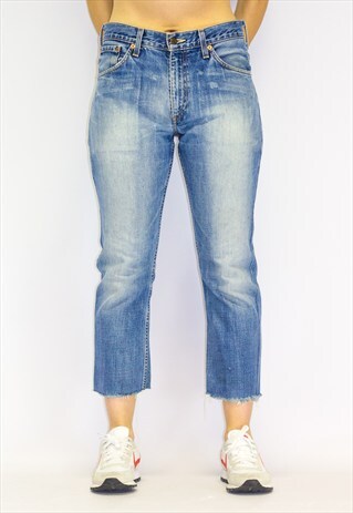VINTAGE DISTRESSED FRAYED HEM 507 ANKLE GRAZER JEANS