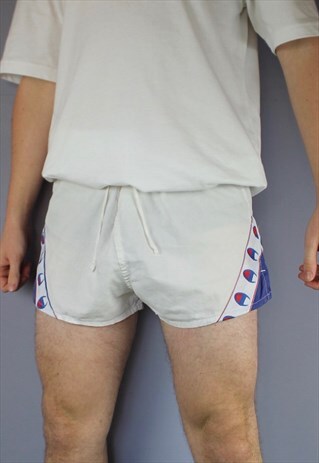 VINTAGE CHAMPION RUNNER SHORTS IN WHITE WITH LOGO TAPING AND