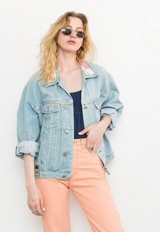 BLUE WASHED OUT MIDI WOMEN'S DENIM JACKET WITH PATTERN