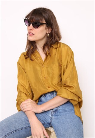 VINTAGE 90S MUSTARD SILK OVERSIZED BLOUSE SHIRT