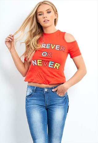 ORANGE FOREVER OR NEVER SLOGAN KNOT FRONT TOP
