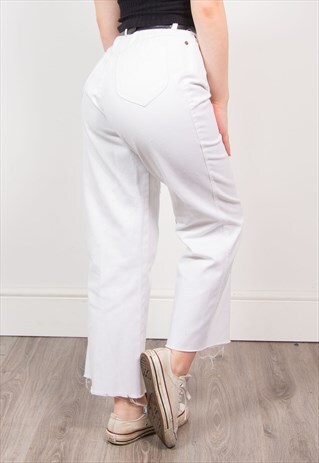 VINTAGE 90'S WHITE DENIM HIGH WAIST FRAYED RAW HEM JEANS