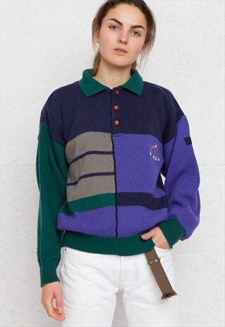 VINTAGE PURPLE GREEN PUMA POLO NECK KNIT JUMPER SWEATER