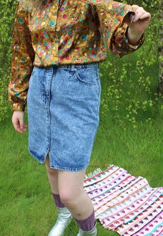 VINTAGE 90'S BLUE ACID WASHED FESTIVAL DENIM SKIRT