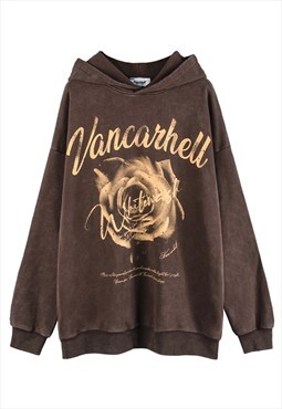Brown Washed Graphic Oversized Hoodies Y2k