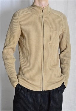 Y2K Beige Ribbed Knit Cotton Zipper Cardigan Mens Jacket