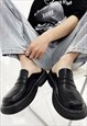UNUSUAL MULES FAUX LEATHER LOAFERS PLATFORM SLIPPERS BLACK