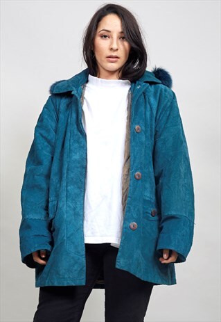 VINTAGE 90'S DESIGNER DARK TURQUOISE HOODED SUEDE PARKA