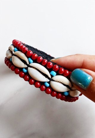 COWRIE SHELL MAROON RED BEADS BRACELET BANGLE ADJUSTABLE SIZ