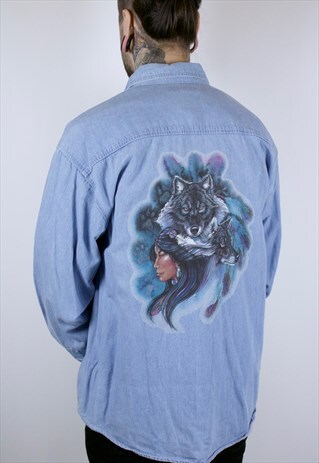 VINTAGE WOLF PRINTED DENIM SHIRT