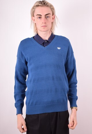 ADIDAS MENS VINTAGE JUMPER SWEATER MEDIUM BLUE 90S