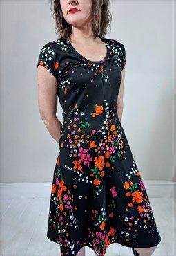 Vintage 60's Dark Floral Gathered Neck Line A-Line Dress